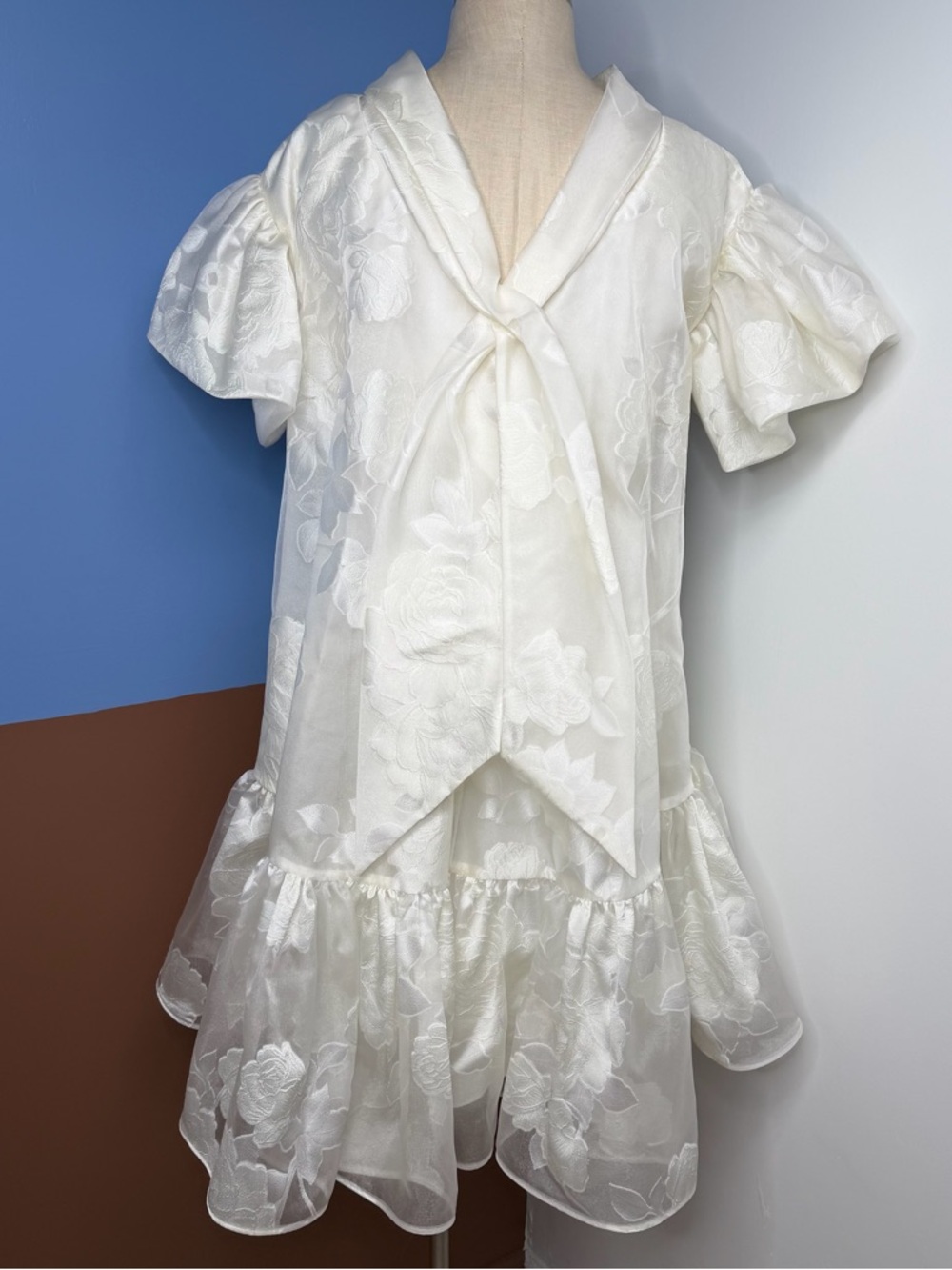 Amsale Little White Dress LW198 Rose Jacquard Coupe Trapeze Dress Ivory NWT Sz 8 - Picture 6 of 10